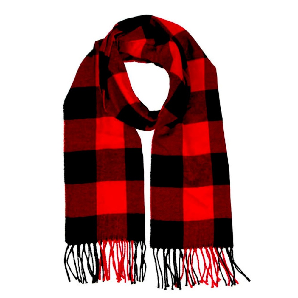 Cashmere feel Red/Black Buffalo Plaid Scarf with 3” fringe. Size 72”by 12”. NWT.